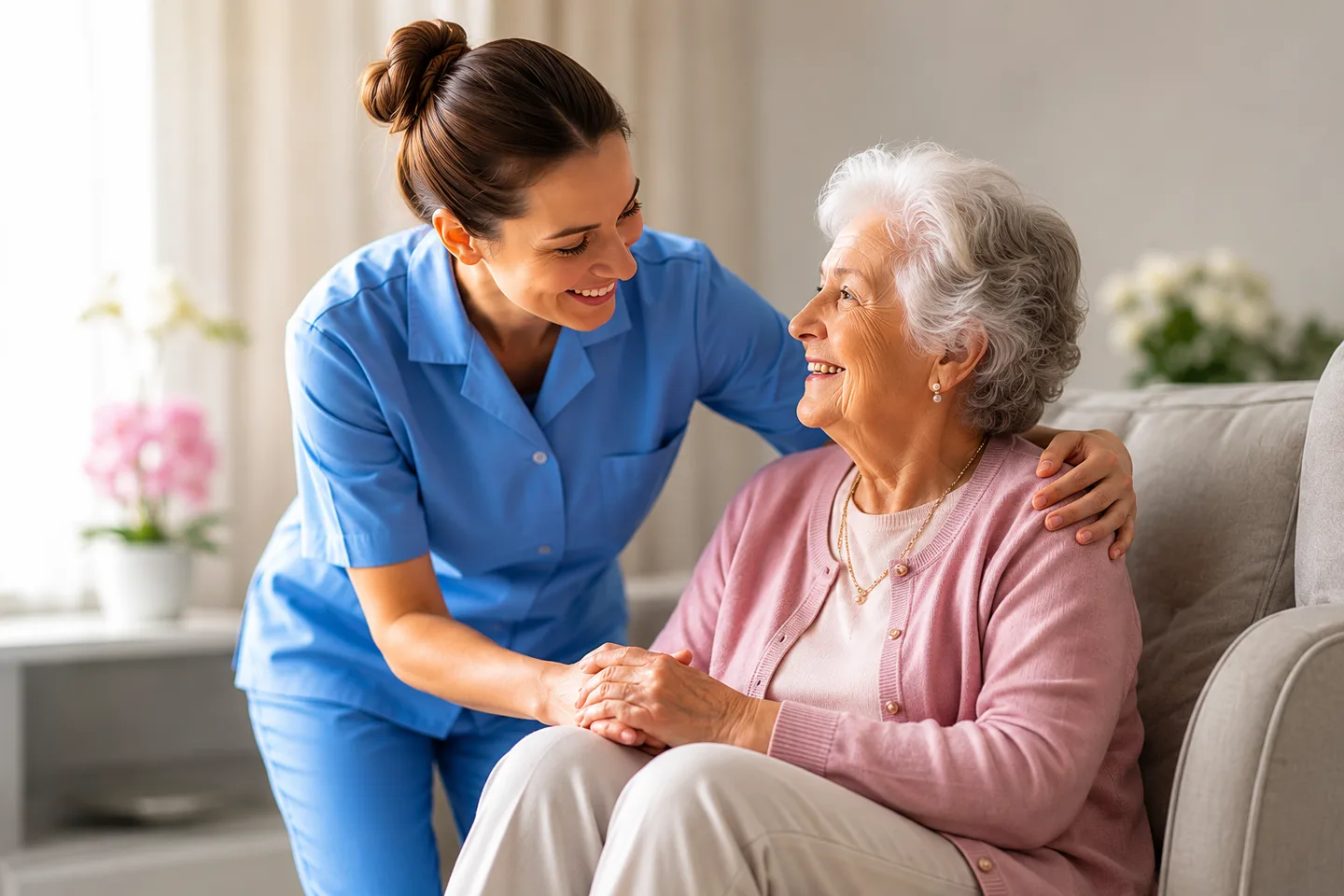 Care worker supporting an elderly resident